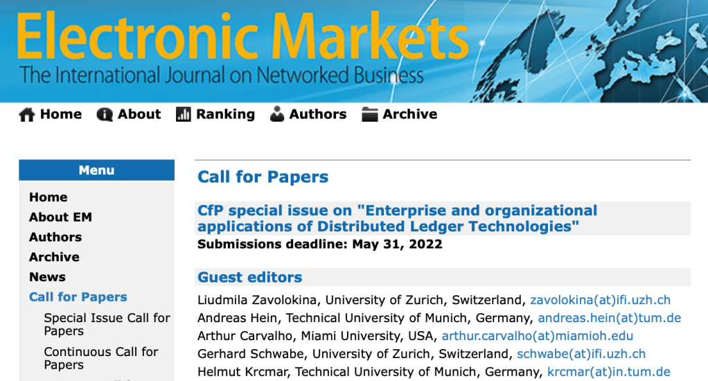 Call for Papers – “Enterprise and organizational applications of&nbsp;DLT”