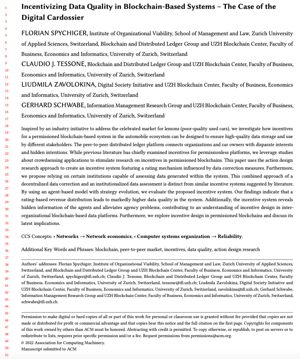 Incentivizing Data Quality in Blockchain-Based Systems – The Case of the Digital&nbsp;Cardossier